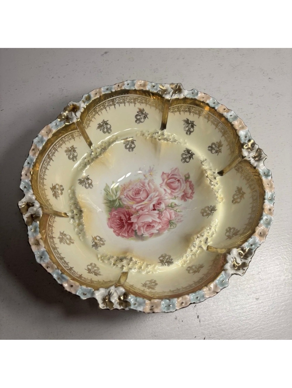Antique Wheelock Trademark Prussia Gold Trim Large & Deep Footed Serving Bowl